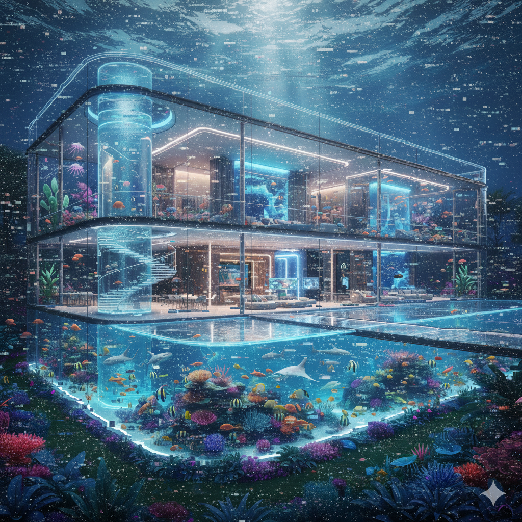 A luxury, multi-story glass house completely submerged underwater, integrated with a massive, vibrant aquarium featuring coral reefs and diverse marine life. The image has a futuristic aesthetic with neon blue lighting and a subtle digital glitch effect, rendered in high detail.